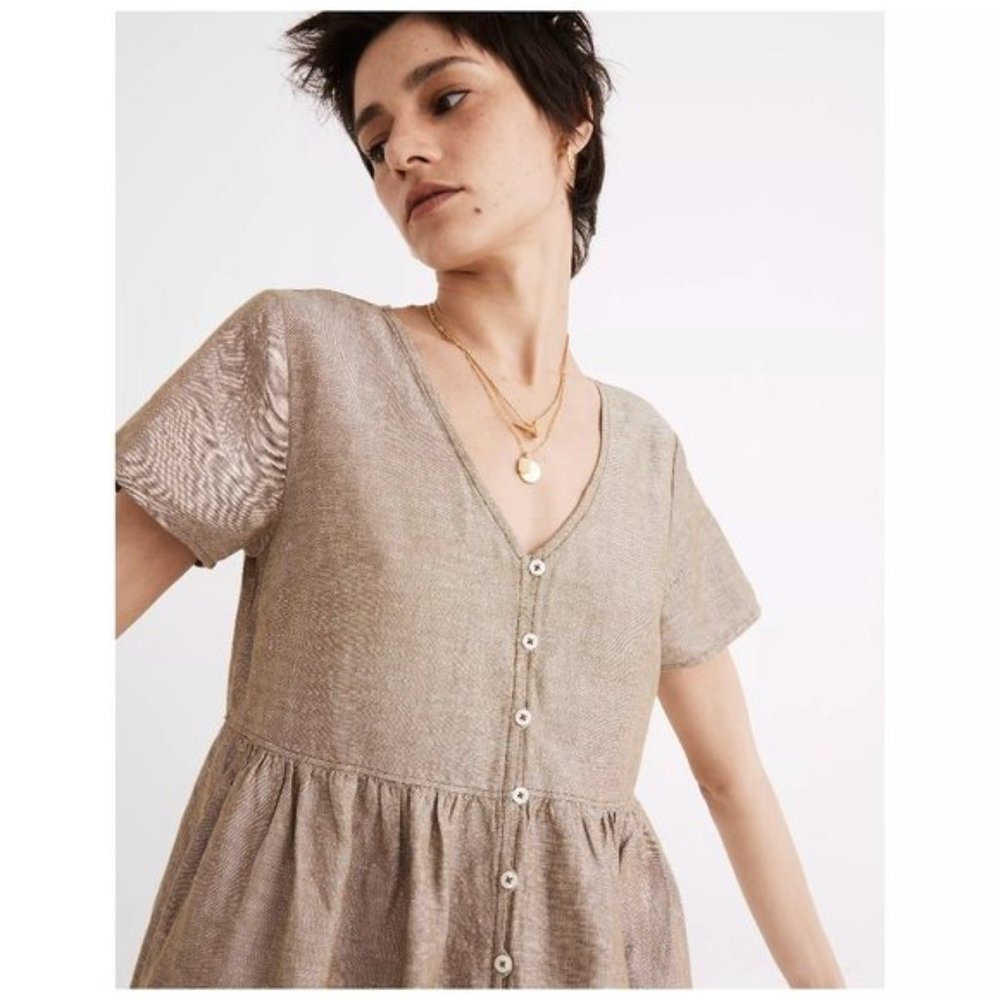 Madewell Linen Alexandra Olive Branch Button Front Baby Doll Mini Dress L